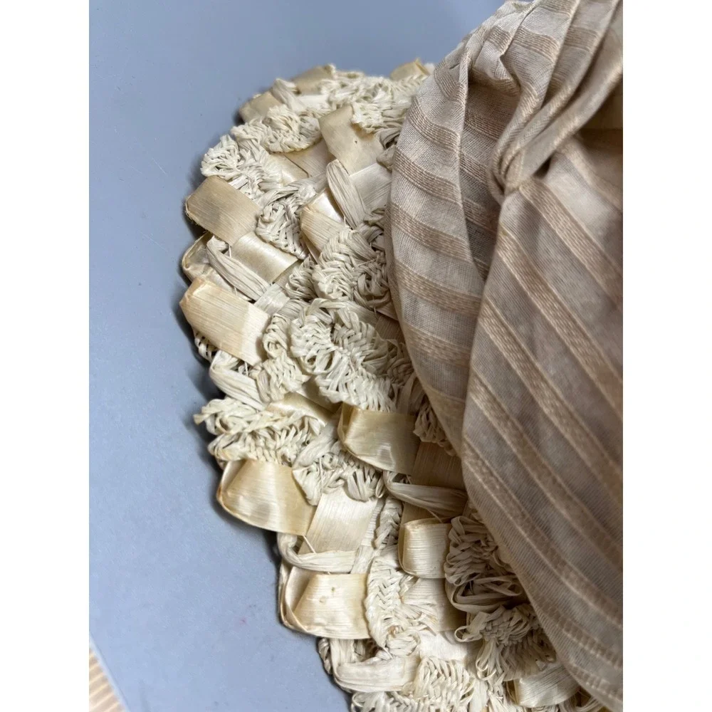 Vintage Cloche hat Cream Straw gathered‎ fabric velvet ribbon 21 inches